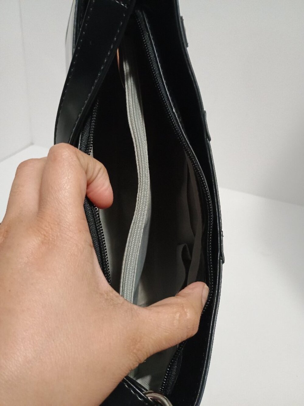 Beijo Classic Black Patent Leather Look Studded Shoulder Bag Y2K Buckle Accent - Picture 8 of 12